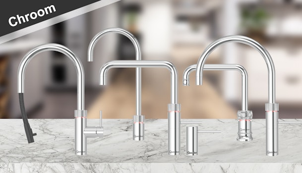Quooker kranen in Chroom: Flex, Fusion Square, Fusion Round, Front, Nordic en zeeppomp op marmeren aanrechtblad