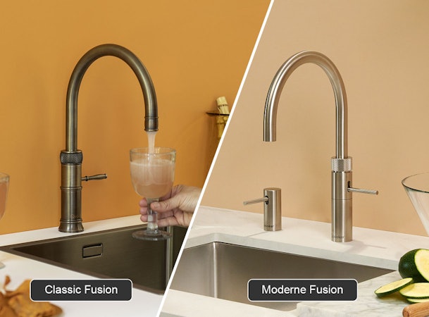 Vergelijking van Quooker Classic Fusion en Moderne Fusion kokendwaterkraan, met links een klassiek afgerond ontwerp en rechts een strak modern design