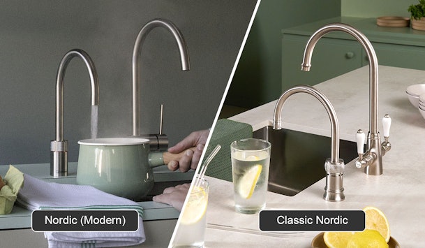 Vergelijking van Quooker Nordic (Modern) en Classic Nordic, beide als Single Tap kokendwaterkraan met modern strak design versus klassieke landelijke stijl
