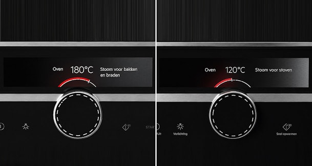 Display van combi-stoomoven met stoom voor bakken en braden naast stoom voor stoven
