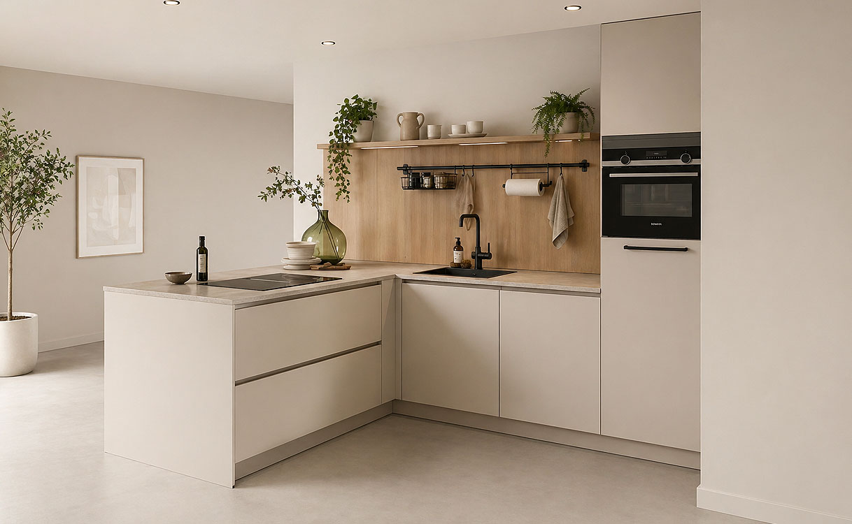 Compacte keuken van 10 m2 met schiereiland en kookplaat, slimme indeling met voldoende loopruimte