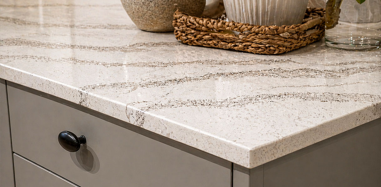 Composiet werkblad in steenlook met landelijke knop op lade en decoratieve manden