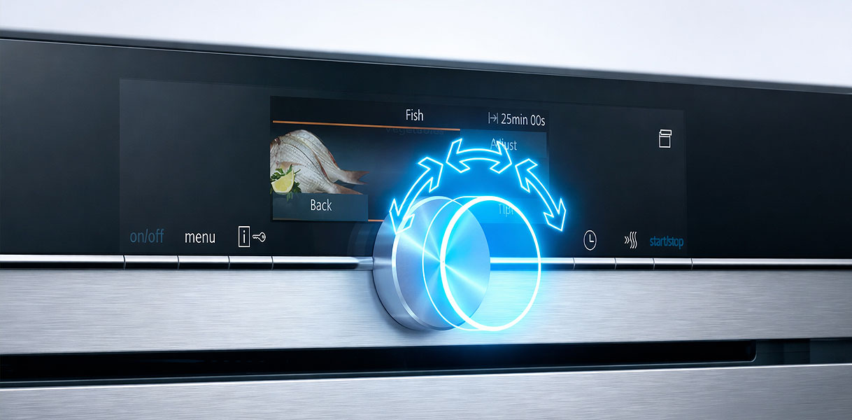 Cookcontrol automatische programmas op display van Siemens magnetron met verlicht draaiknop