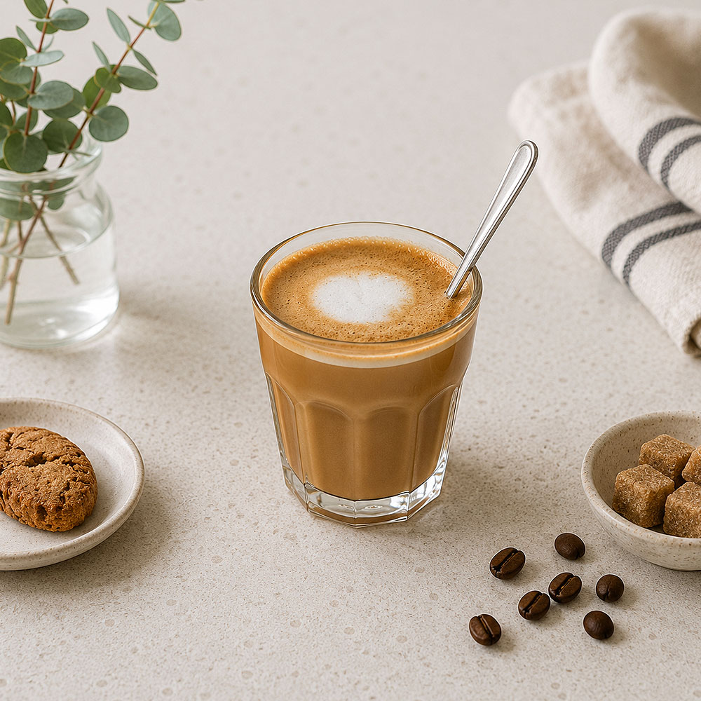 Cortado in een klein glas met espresso en warme melk