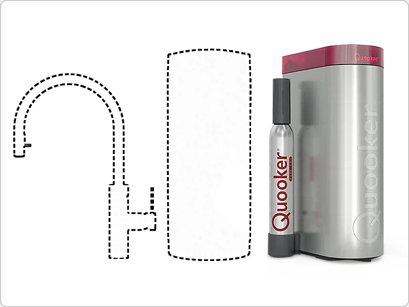 Quooker CUBE met CO₂-cilinder naast reservoir en gestippelde kraan. Voor gekoeld en bruisend water uit je Quooker
