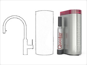 Quooker CUBE met CO₂-cilinder naast reservoir en gestippelde kraan. Voor gekoeld en bruisend water uit je Quooker