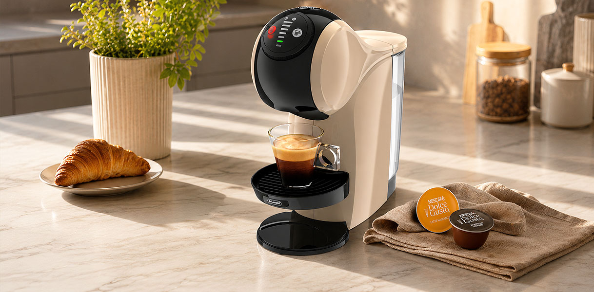 Cupmachine zet een kop koffie met gesloten capsules ernaast op het aanrecht