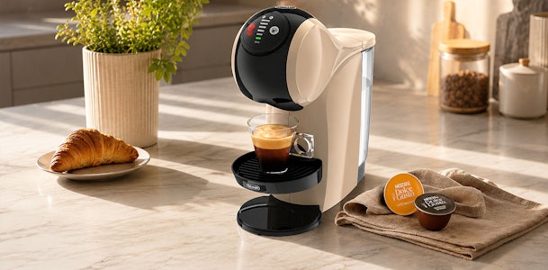 Cupmachine zet een kop koffie met gesloten capsules ernaast op het aanrecht