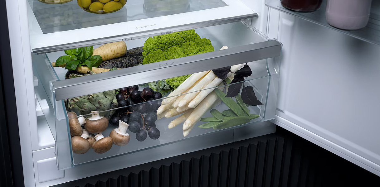 Groente en fruit in een Miele DailyFresh verslade met stabiele luchtvochtigheid