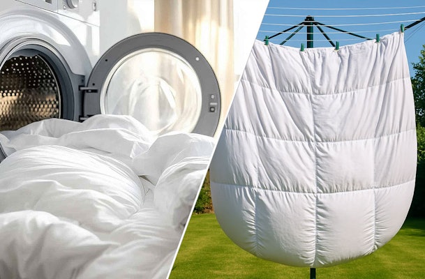 Dekbed drogen op twee manieren: uit de wasmachine in de droger of buiten aan de droogmolen