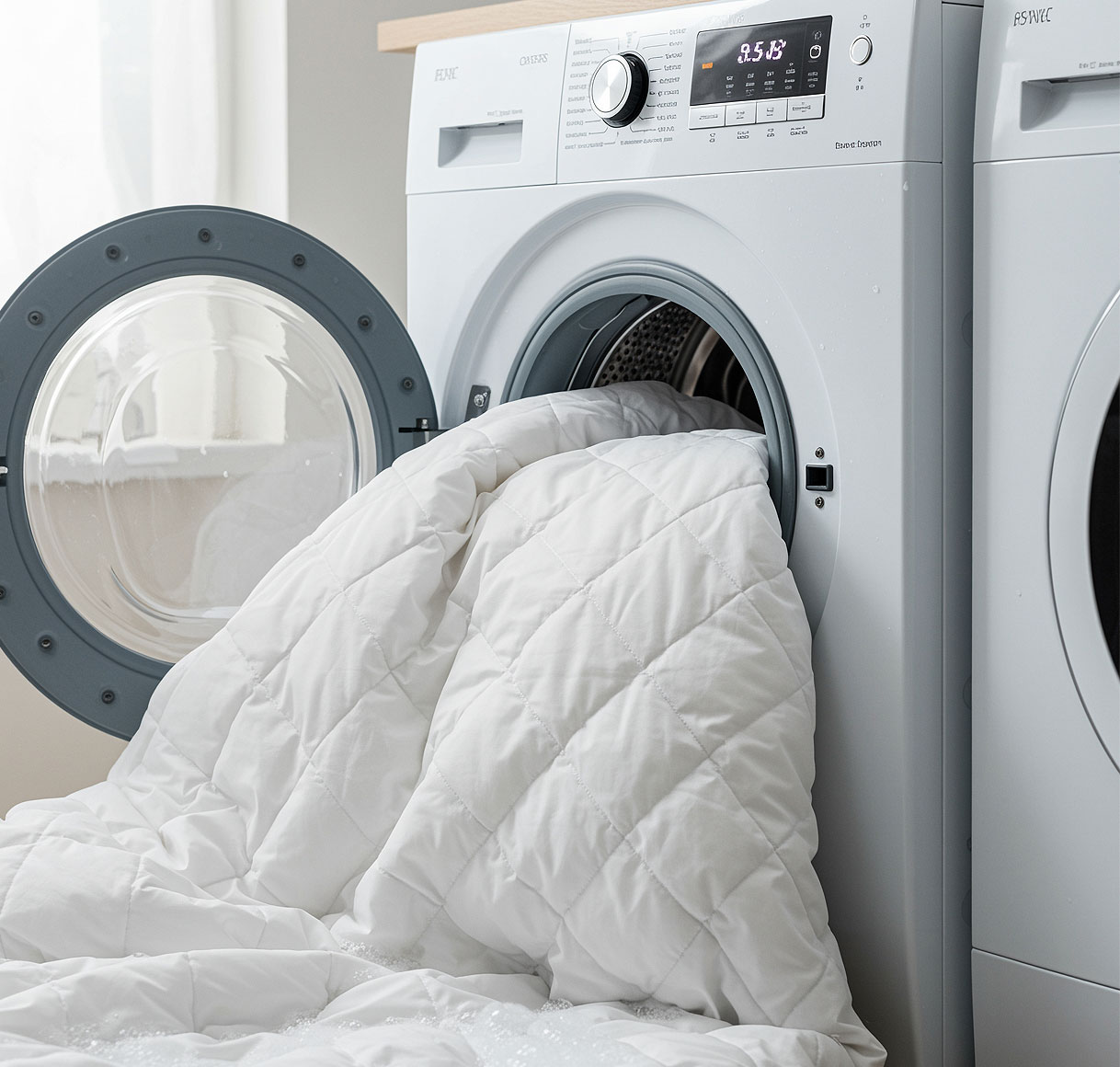 Wit dekbed hangt uit geopende wasmachine