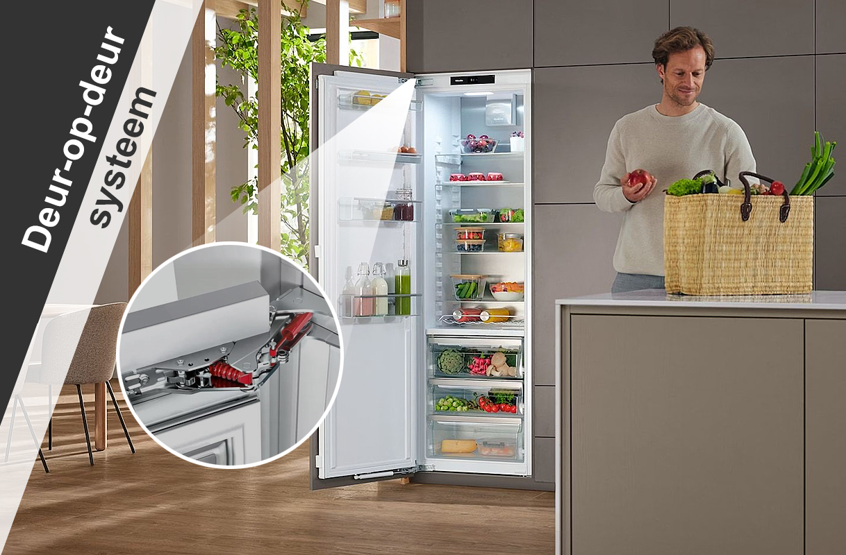 Deur-op-deur scharnier en volledig geïntegreerde inbouwkoelkast met meebewegend keukenfront