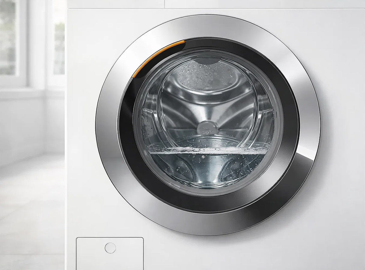 Wasmachine met stilstaand water zichtbaar achter het glazen deurvenster, het pompfilterluikje is zichtbaar linksonder