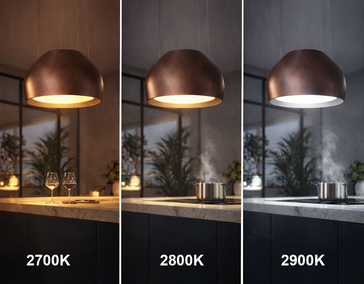 Vergelijking van kleurtemperatuur bij hanglamp boven kookeiland van warm naar neutraler licht