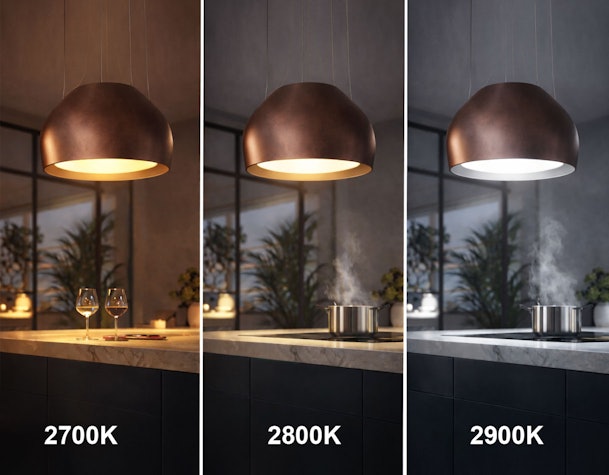 Vergelijking van kleurtemperatuur bij hanglamp boven kookeiland van warm naar neutraler licht