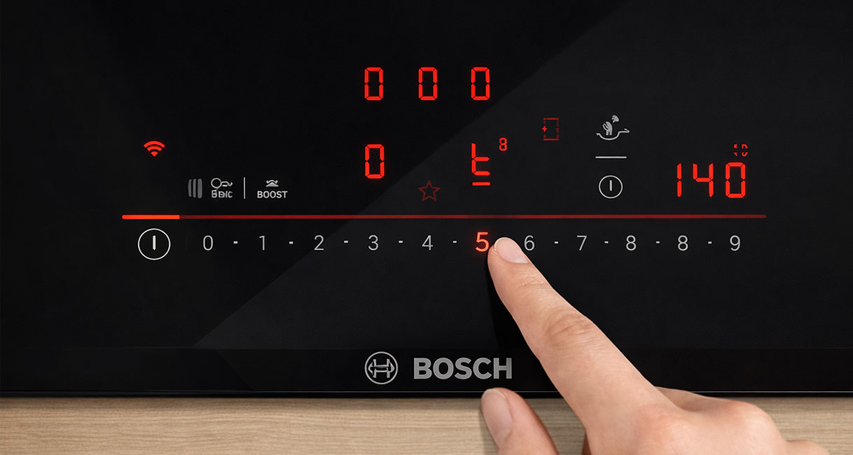 Bosch DirectSelect bediening op een inductiekookplaat met aanraakgevoelige vermogensregeling van 0 tot 9