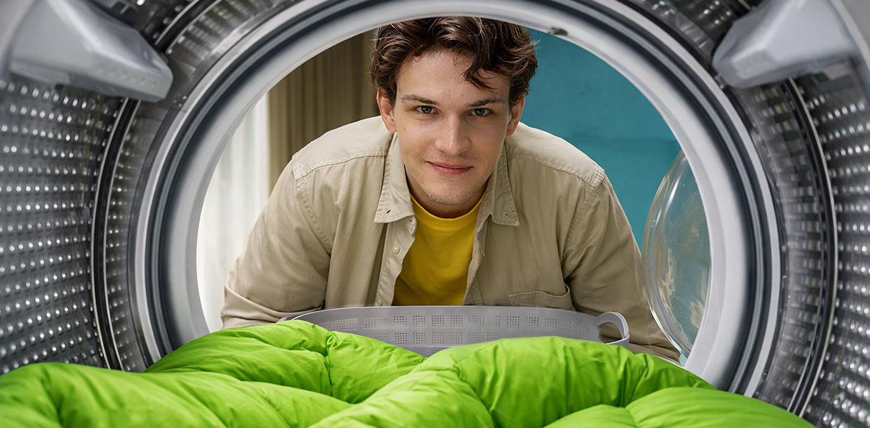 Man die een groen donzen dekbed voorzichtig in wasdroger legt op maximaal 30 graden