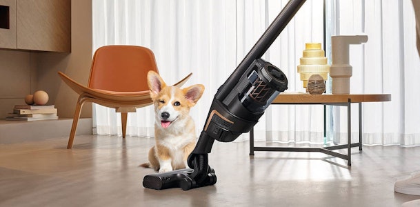 Draadloze steelstofzuiger zonder snoer naast Corgi hond op laminaatvloer in moderne woonkamer