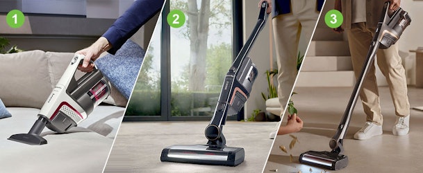 3-in-1 stofzuiger drie configuraties genummerd: handstofzuiger voor meubels, steelstofzuiger voor vloeren, draadloze stofzuiger voor trappen
