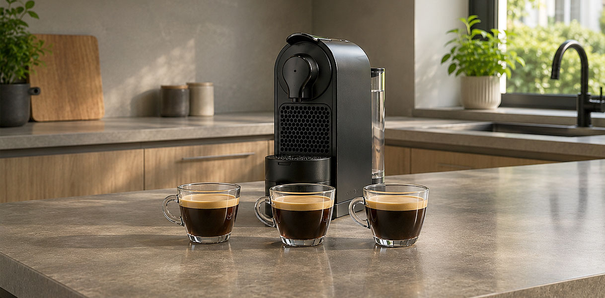Drie koppen espresso naast een compacte cupmachine voor wie weinig koffie drinkt