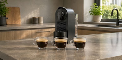 Drie koppen espresso naast een compacte cupmachine voor wie weinig koffie drinkt