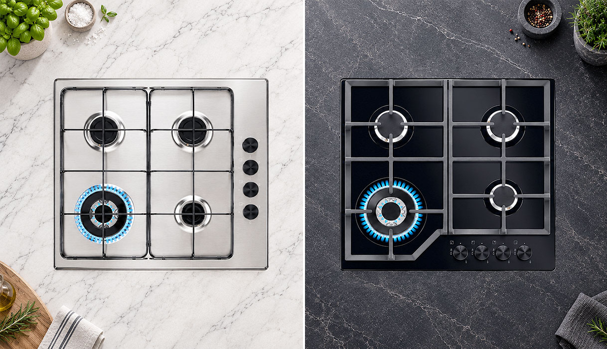 Electrolux gaskookplaat uit serie 300 op roestvrijstaal naast serie 600 met gietijzeren pannendragers
