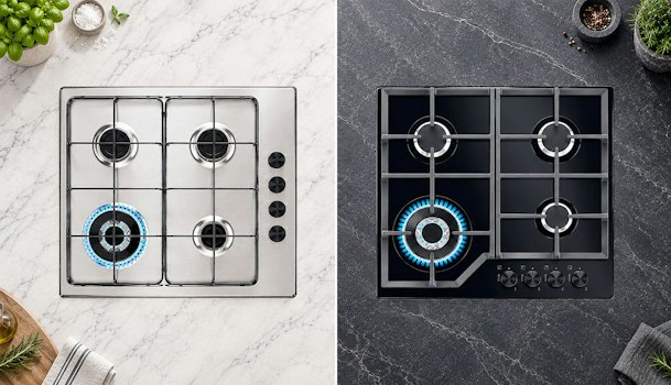 Electrolux gaskookplaat uit serie 300 op roestvrijstaal naast serie 600 met gietijzeren pannendragers