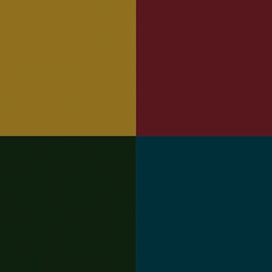 De elegant kleuren: olijfgeel, Indisch rood, jaguargroen en diepblauw.