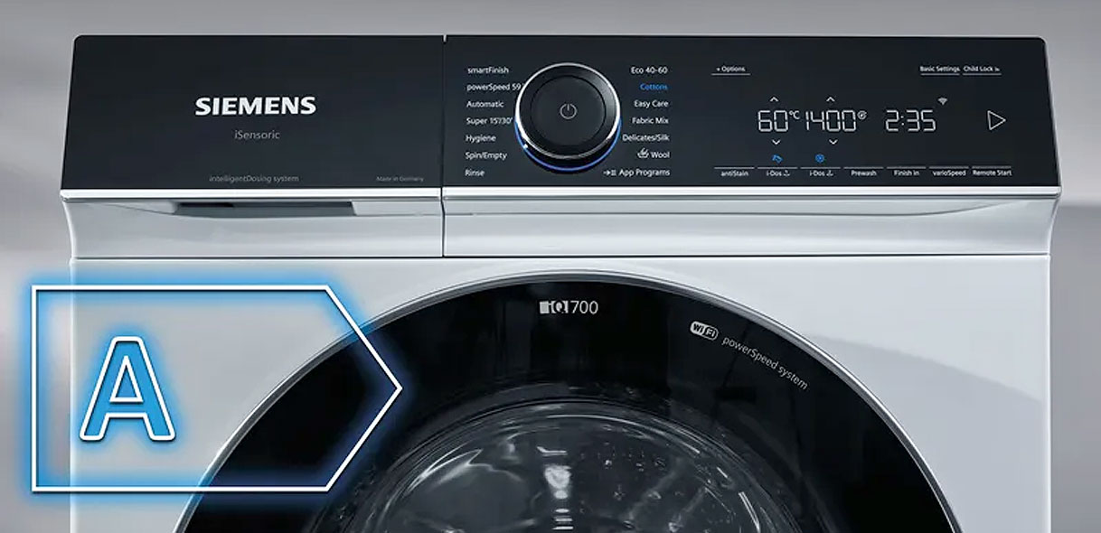 Siemens wasmachine met A-energielabel dat de hoge energie-efficiëntie aangeeft