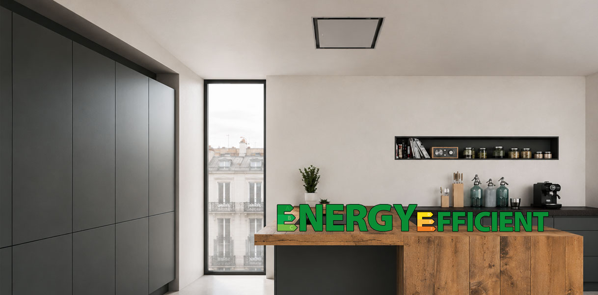 Plafond afzuigkap in moderne keuken met label voor energiezuinig verbruik