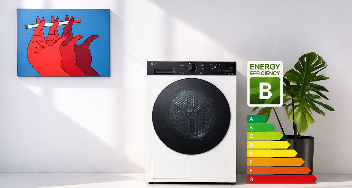 LG wasdroger naast EU energielabel schaal met label B gemarkeerd als meest zuinige klasse