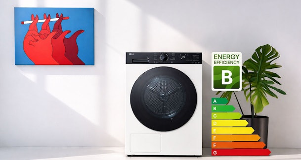 LG wasdroger naast EU energielabel schaal met label B gemarkeerd als meest zuinige klasse