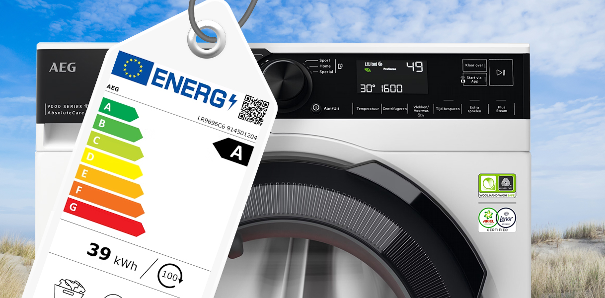 Energielabel en energieverbruik eersteklas wasmachine.