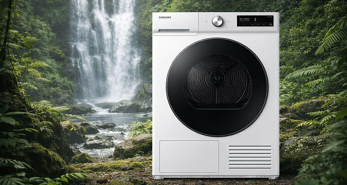 Samsung warmtepompdroger voor een waterval als symbool voor energiezuinig en milieuvriendelijk drogen met energielabel A