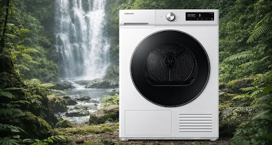 Samsung warmtepompdroger voor een waterval als symbool voor energiezuinig en milieuvriendelijk drogen met energielabel A
