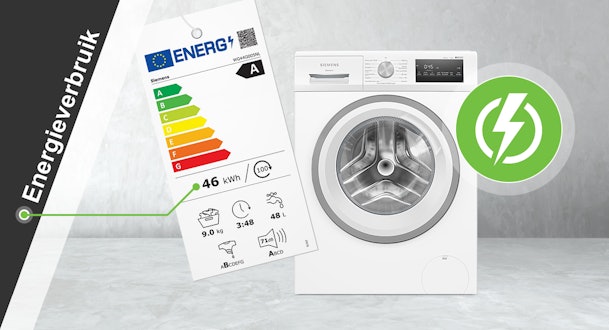 Het energieverbruik van een wasmachine op het energielabel.