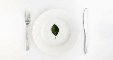 Bord met bestek en een groen blad als symbool voor een energiezuinige Pelgrim vaatwasser