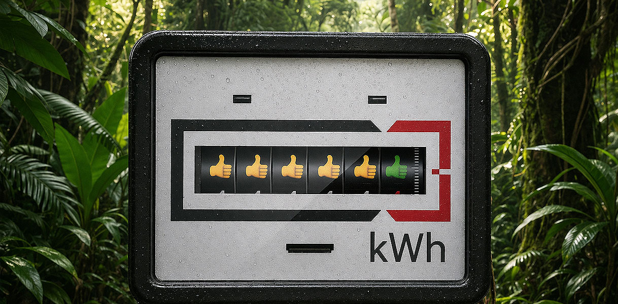 Energiemeter met duimen omhoog en kWh display in groene natuur als symbool voor energiezuinige droger
