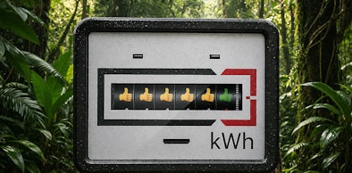Energiemeter met duimen omhoog en kWh display in groene natuur als symbool voor energiezuinige droger