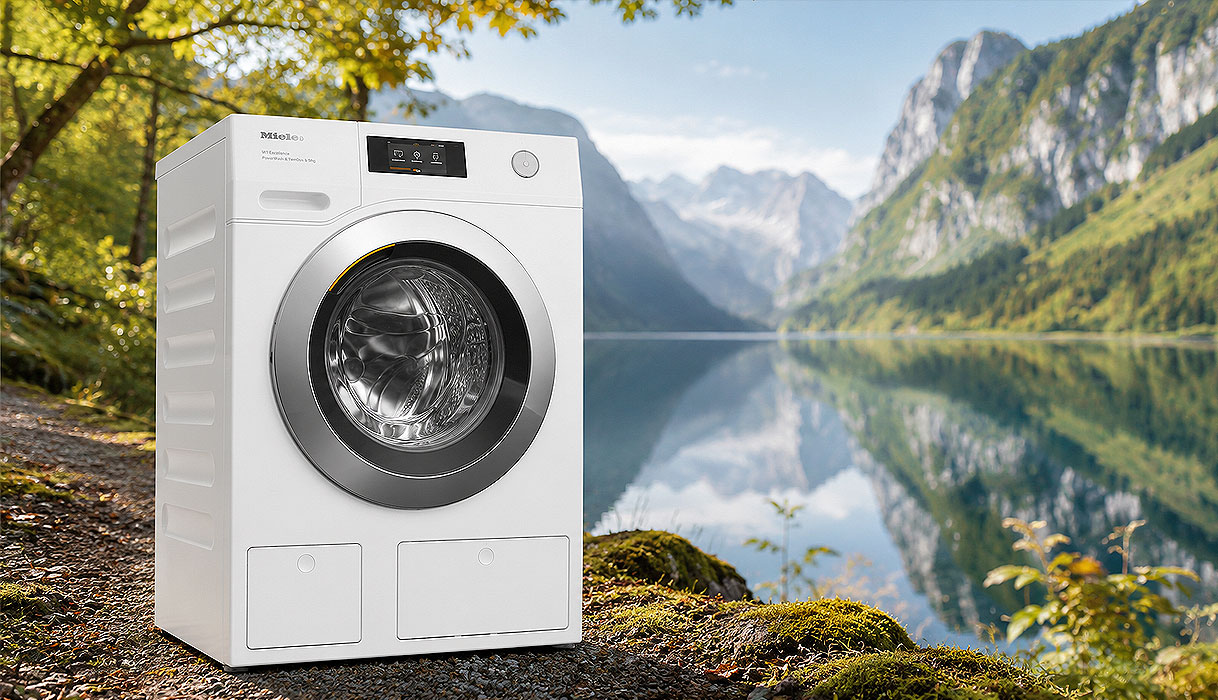 Energiezuinige wasmachine met laag kWh verbruik in een natuurlijke omgeving