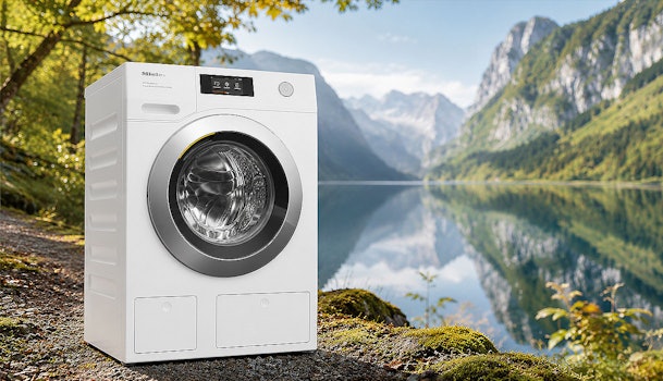 Energiezuinige wasmachine met laag kWh verbruik in een natuurlijke omgeving