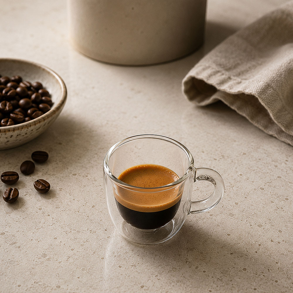 Espresso in een klein kopje met een goudbruine cremalaag