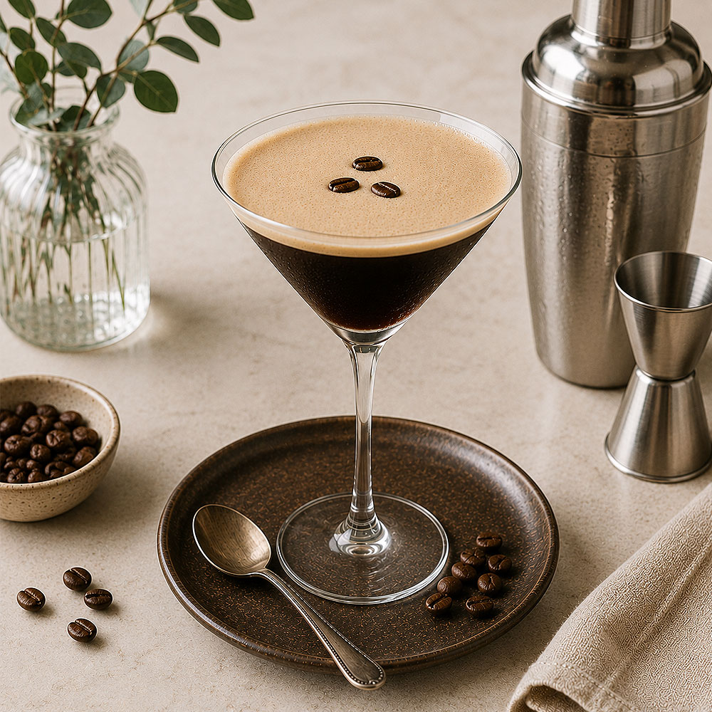 Espresso martini met schuimlaag en drie koffiebonen
