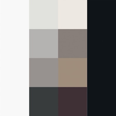 De essentiële kleuren: een potpourri van klassieke kleurschakeringen, van kristalwit via verschillende tinten grijs en bruin tot onyxzwart.