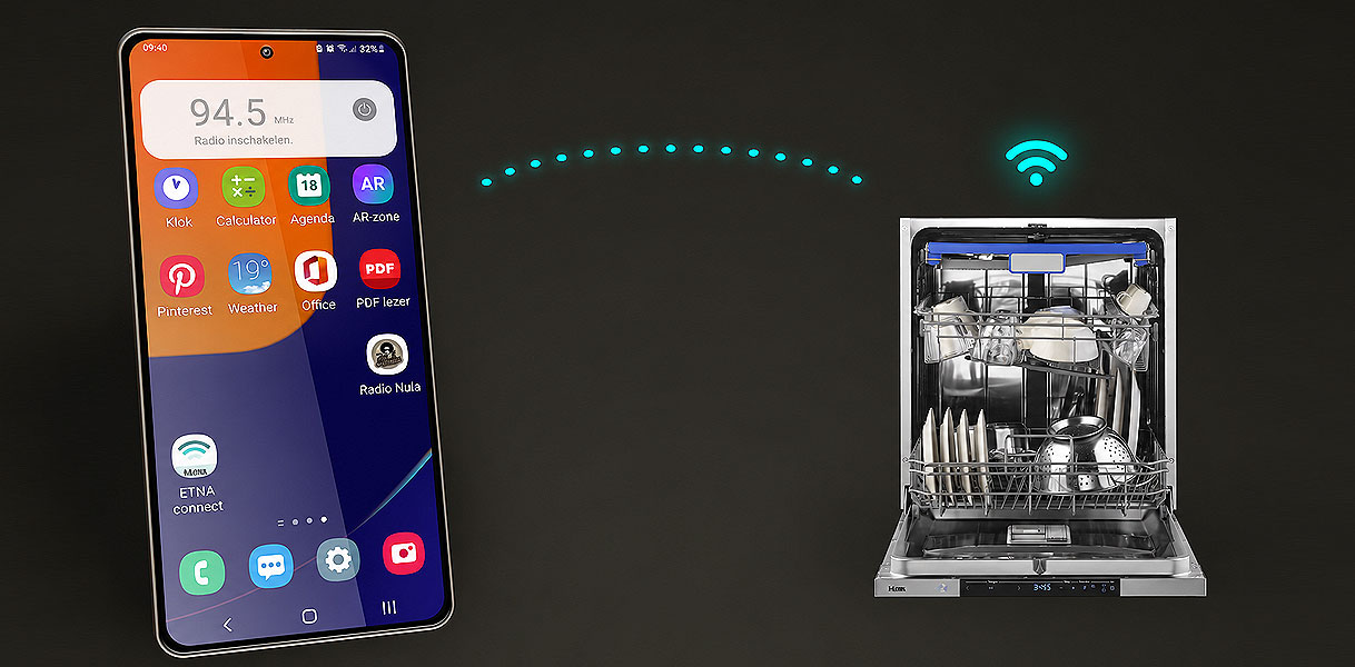 Etna vaatwasser die via de ConnectLife app op afstand met een smartphone bediend wordt