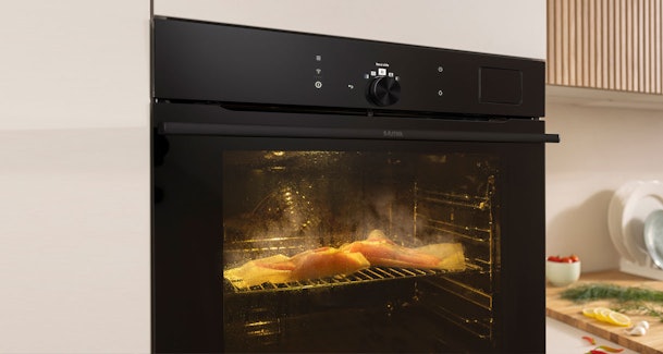 Vis gaart in een Etna oven waar hetelucht de warmte over de niveaus verdeelt