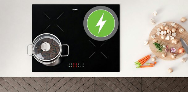 ETNA inductie kookplaat met bliksemicoon naast een pan en verse ingrediënten