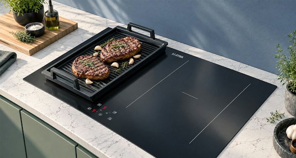 Grillplaat met vlees en groenten op de flexzone van een ETNA inductiekookplaat