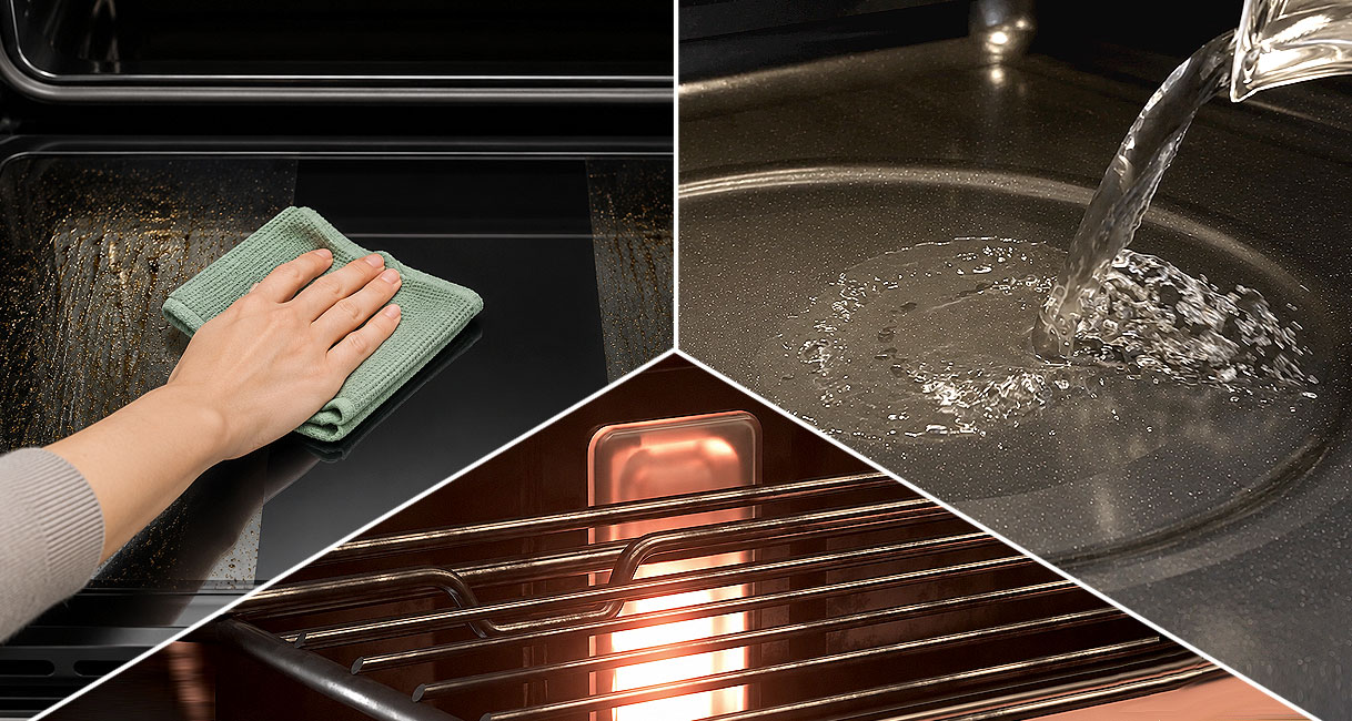 Drie reinigingssystemen van een Etna oven met handmatig poetsen, water in de bodem en verhitting