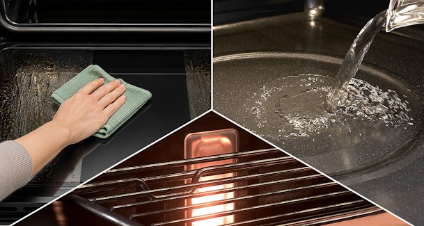 Drie reinigingssystemen van een Etna oven met handmatig poetsen, water in de bodem en verhitting